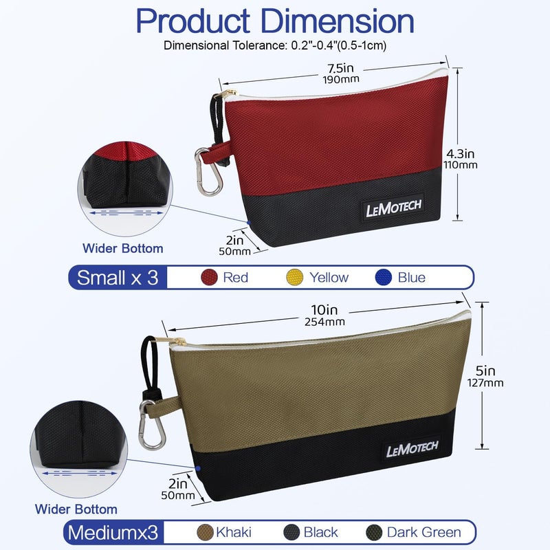 LeMotech Zipper Tool Bag with Carabiners, Water Resistant Stand-Up Utility Pouch Heavy Duty 1680D Oxford, Multipurpose Storage Pouch, 6 Pack - Image 4